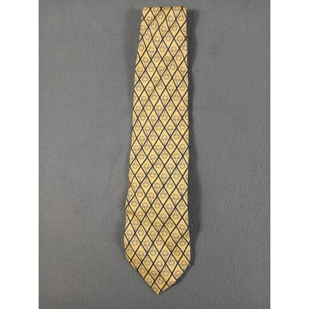 Vintage Paolo Gucci Tie Yellow Equestrian Horse Bit Print Silk Designed in Italy